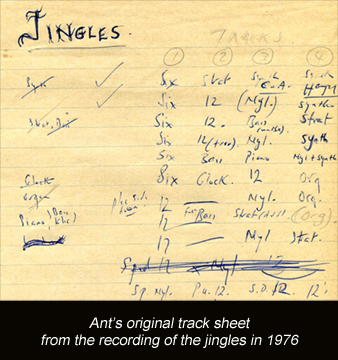 Ant's track sheet for the 1976 jingles